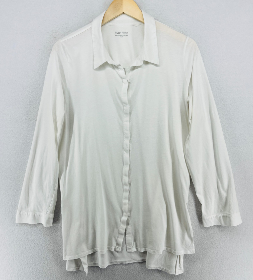 EILEEN FISHER Top XL Organic Cotton Jersey Tunic Shirt Hidden Button Up White